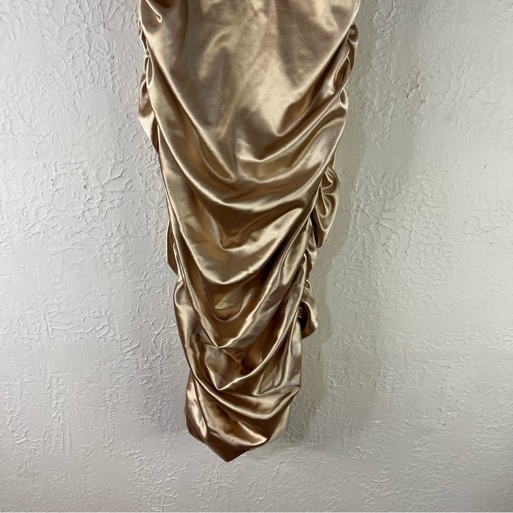 Oh Polly Embellish The Moment Ruched Satin Metallic Knee Length Dress in Gold - Picture 8 of 14